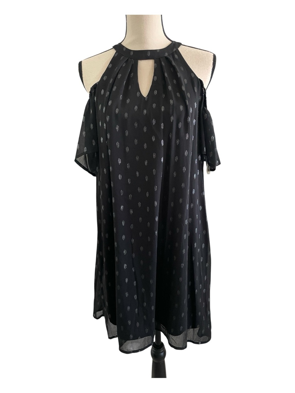 Lily Rose Black Cold-Shoulder Halter Mini Dress with Silver Dot Print size Med